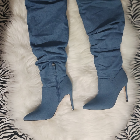 Forever 21 Women pointed toe Denim knee high stiletto boots - Picture 6 of 16